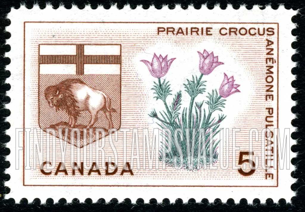 FindYourStampsValue: Prairie crocus and arms of Manitoba