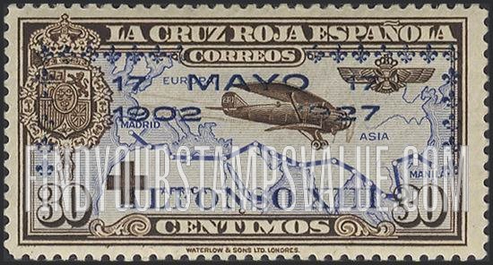FindYourStampsValue: Semi-Postal: Coronation Silver Jubilee, Airplane and Map of Madrid-Manila Flight