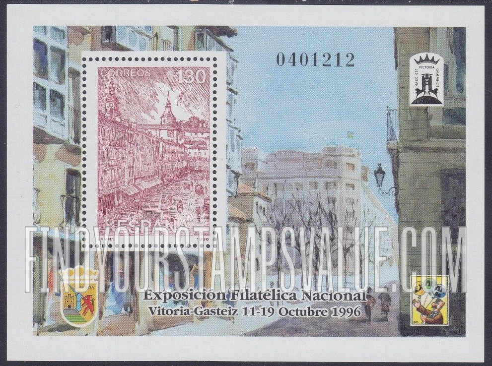 FindYourStampsValue: Exfilna ’96, National Philatelic Exhibition, Vitoria-Gasteiz: Painting of Vitoria-Gasteiz, capital of Alava Province, by Ignacio Diaz Ruiz de Olano (1860-1937). Illustration reduced
