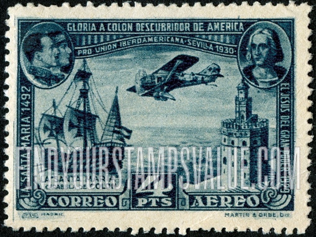 FindYourStampsValue: Air Post: Spanish-American Exhibition, Santa Maria, Plane and Torre del Oro, Seville