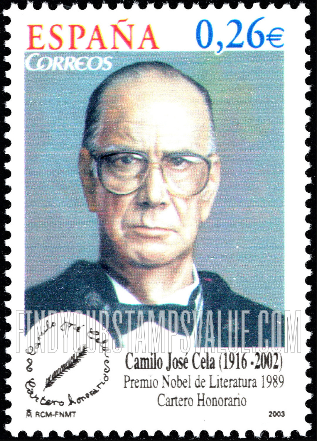 FindYourStampsValue: Camilo José Cela (1916-2002), 1989 Nobel Laureate in Literature