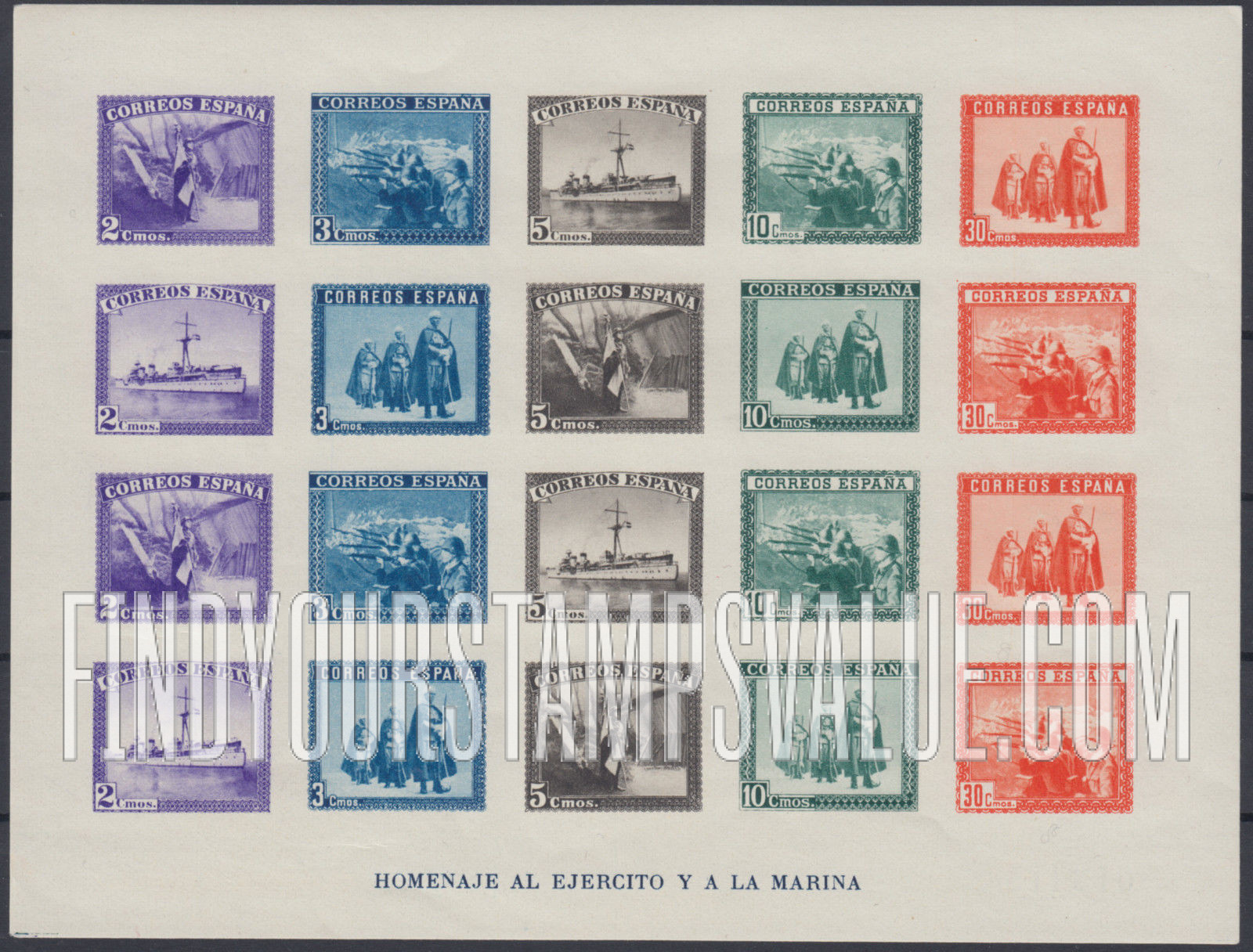 FindYourStampsValue: Semi-Postal: Spanish State, Flag bearer, Battleship “Admiral Cervera”, Soldiers in trenches, Moorish guard