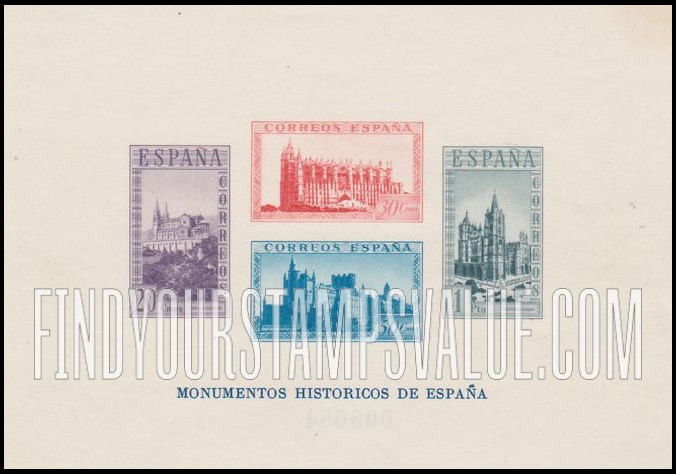 FindYourStampsValue: Semi-Postal: Spanish State, Covadongas Cathedral, Palma Cathedral, Majorca, Alcazar of Segovia, Leon Cathedral