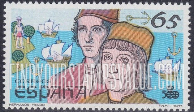 FindYourStampsValue: Discovery of America, 500th Anniversary (in 1992): Ships and Vicente Yanez Pinzon (c. 1460-1523) and Martin Alonso Pinzon (c. 1441-1493), brothers, navigators and ship owners, accompanied Columbus on voyage
