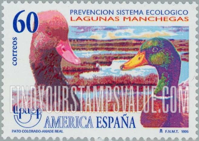 FindYourStampsValue: Ecological Protection System, Lagunas Manchegas, Ducks: Anade real, pato colorado
