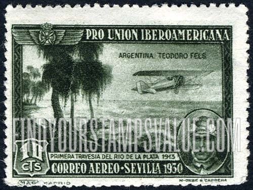 FindYourStampsValue: Air Post: Spanish-American Exhibition, Teodoro Fels and His Airplane