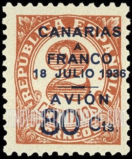 FindYourStampsValue: Revolutionary Overprints, Nationalist (Revolutionary) Forces, Canary Islands Air Post, Use via the Lufthansa Service: Numeral