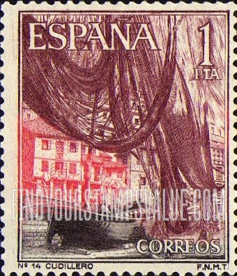 FindYourStampsValue: Tourism Types of 1964: Boat and nets in Cudillero harbor