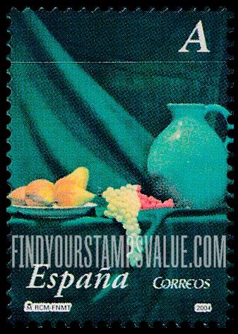 FindYourStampsValue: Ceramics in Paintings by Antonio Miguel González: Pitcher with side handle, plate of pears, grapes
