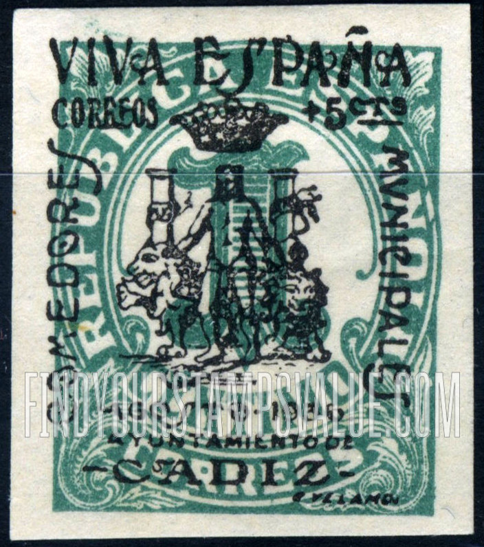 FindYourStampsValue: Revolutionary Overprints, Nationalist (Revolutionary) Forces, Cadiz Semi-Postal: Numeral