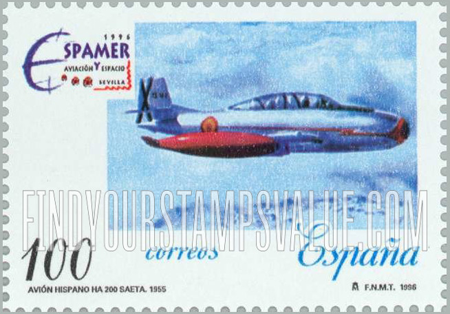 FindYourStampsValue: Espamer ’96 Philatelic Exhibition, World Aviation and Space Exposition: Hispano HA 200 SAETA aircraft