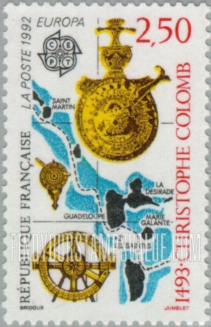 FindYourStampsValue: Discovery of America, 500th Anniversary: Map, navigation instruments