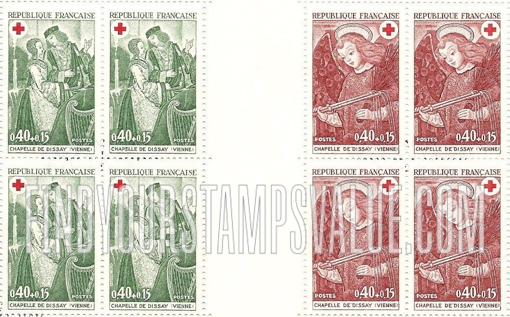 FindYourStampsValue: SEMI-POSTAL - Lord and Lady, Dissay Chapel Fresco and Angel holding whips, from fresco in Dissay Castle Chapel, Vienne