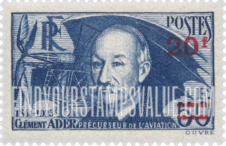 FindYourStampsValue: Clément Ader, Air Pioneer: Stamps of 1932-39 Surcharged in Carmine