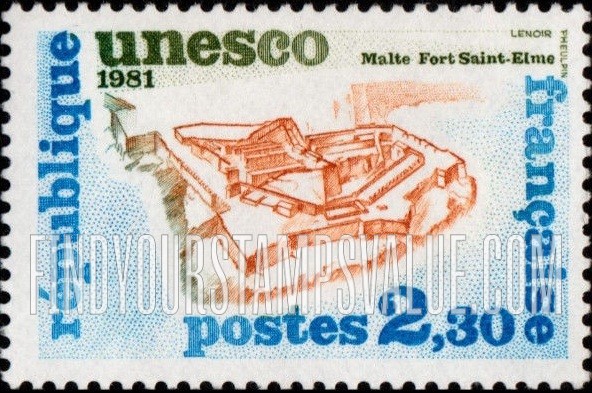 FindYourStampsValue: FOR THE UNITED NATIONS EDUCATIONAL, SCIENTIFIC AND CULTURAL ORGANIZATION - Fort St. Elmo, Malta, horizontal