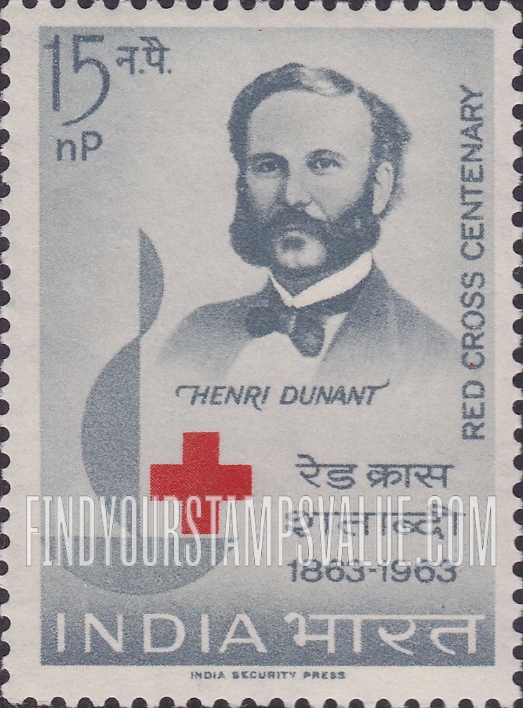 FindYourStampsValue: Republic of India: Henry Dunant and centenary emblem - भारत गणराज्य: हेनरी ड्यूनेन्ट और शताब्दी का चिह्न