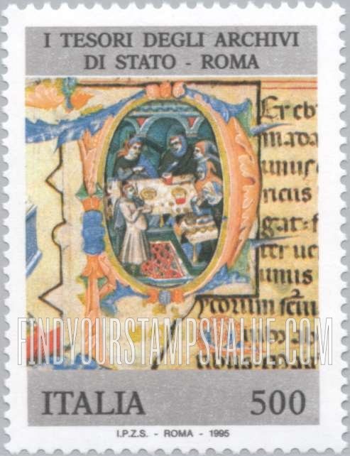 FindYourStampsValue: National Treasures: Illuminated manuscript with “P,” State Archives, Rome