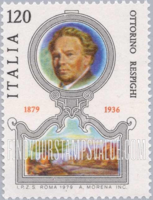 FindYourStampsValue: Ottorino Respighi (1879-1936), composer, Roman landscape