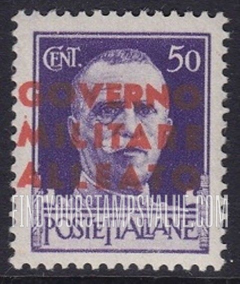 FindYourStampsValue: A.M.G. - King Victor Emmanuel III: Overprinted in Blue, Vermilion, Carmine or Orange