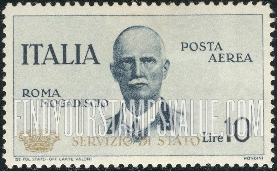 FindYourStampsValue: AIR POST OFFICIAL - Type of Air Post Stamp of 1934 Overprinted in Gold Crown and “SERVIZIO DI STATO”: King Victor Emmanuel III