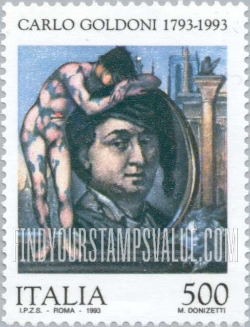 FindYourStampsValue: Carlo Goldoni (1707-93), Playwright: Man in harlequin costume leaning on picture
