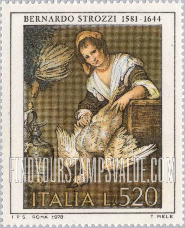 FindYourStampsValue: The Cook (woman with goose), by Bernardo Strozzi (1581-1644)