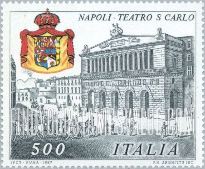 FindYourStampsValue: Coat of Arms and San Carlo Theater, Naples, from an 18th Centum Engraving