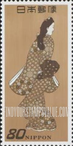 FindYourStampsValue: Postal History Series:  “Beauty Looking Back,” Print by Moronobu - 郵便切手の歩み：見返り美人、師宣