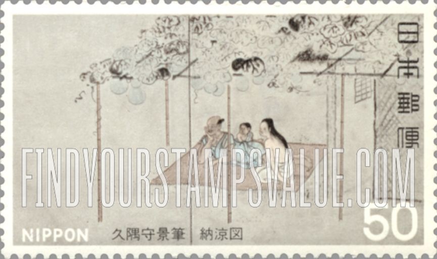 FindYourStampsValue: Family Enjoying Cool Evening, by Morikage Kusumi - 久隅守景「納涼図」