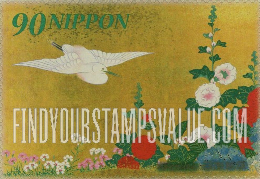 FindYourStampsValue: Hollyhocks and Egret, by Hoitsu Sakai - タチアオイと白鷺(しらさぎ)