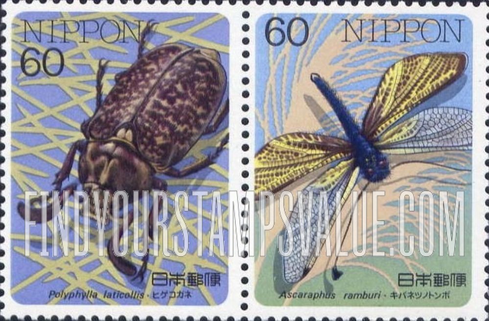 FindYourStampsValue: Ascaraphus ramburi, Polyphylla laticollis - キバネツノトンボ、ヒゲコガネ