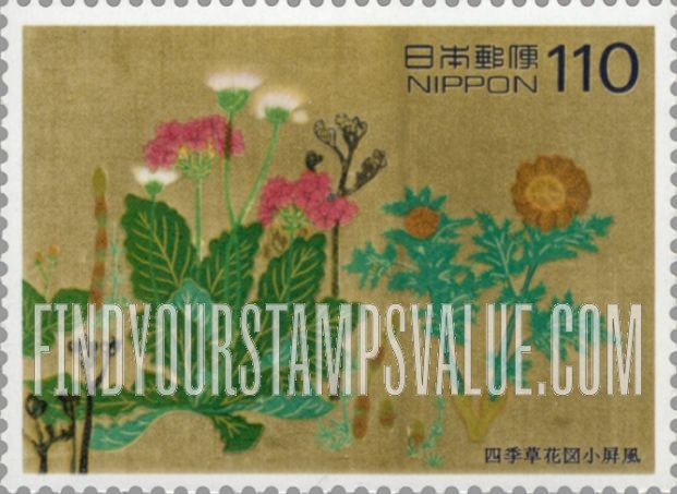 FindYourStampsValue: Flowers - 尾形光琳「四季草花図小屏風」