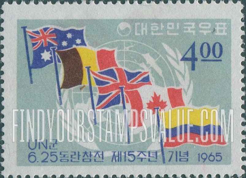 FindYourStampsValue: UN Emblem and Flags of Australia, Belgium, Great Britain, Canada and Colombia