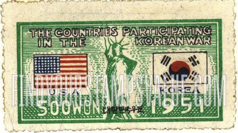 FindYourStampsValue: Flags of US and Korea and Statue of Liberty - 미국과 대한민국의 국기와 자유의 여신상