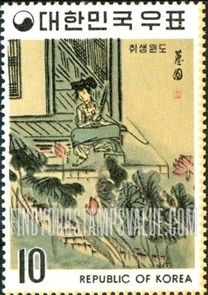 FindYourStampsValue: Woman Playing Flute, by Shin Yun-bok - 취생원도 (신윤복)