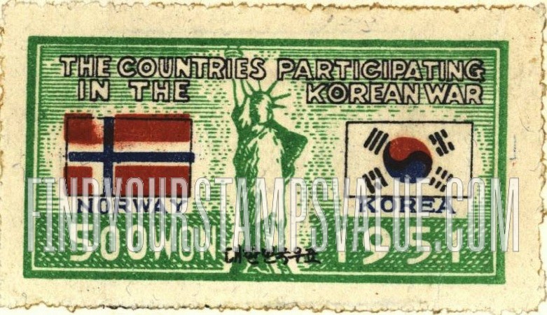 FindYourStampsValue: Flags of Norway and Korea and Statue of Liberty - 노르웨이와 대한민국의 국기와 자유의 여신상