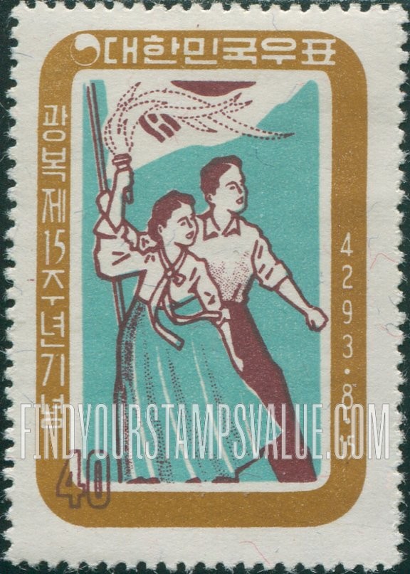 FindYourStampsValue: Woman Holding Torch and Man with Flag