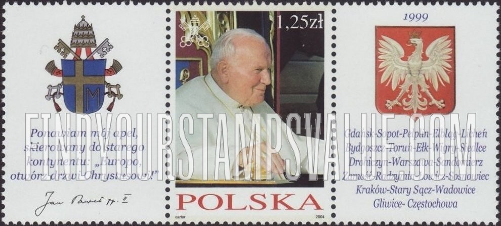 FindYourStampsValue: Visits to Poland by Pope John Paul II: Wearing white vestments, seated