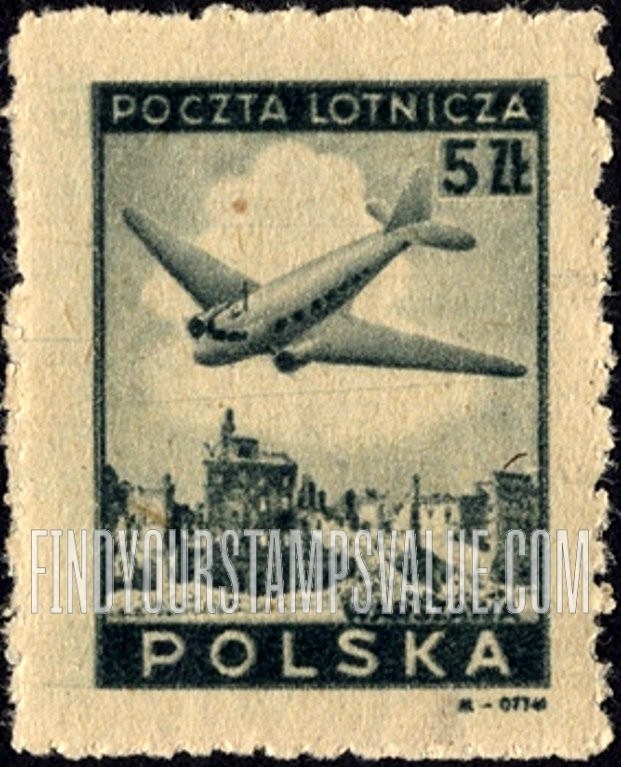 FindYourStampsValue: AIR POST - Douglas  Plane over Ruins of Warsaw