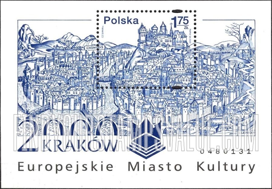 FindYourStampsValue: Cracow, 2000 European City of Culture: Panorama of Cracow from 1493 wood engraving