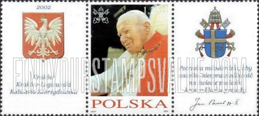 FindYourStampsValue: Visits to Poland by Pope John Paul II: Wearing red stole, seated