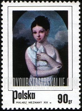 FindYourStampsValue: Polish paintings of Children: Girl with Pigeon, Anonymous artist, 19th century
