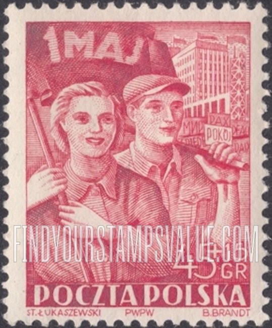 FindYourStampsValue: SEMI-POSTAL - Labor Day Type of Regular Issue of 1952: Workers with Flag
