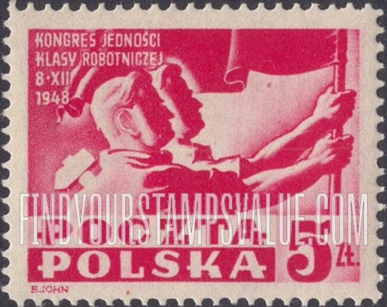 FindYourStampsValue: Workers Carrying Flag: Inscribed: “Kongres Jednosci Klasy Robotniczej 8. XII. 1948