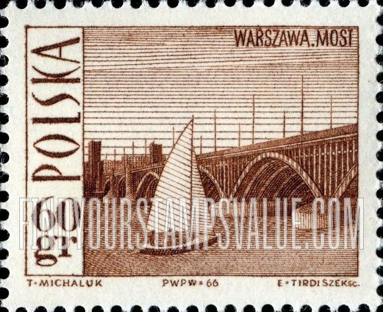 FindYourStampsValue: Poniatowski Bridge, Warsaw, and sailboat