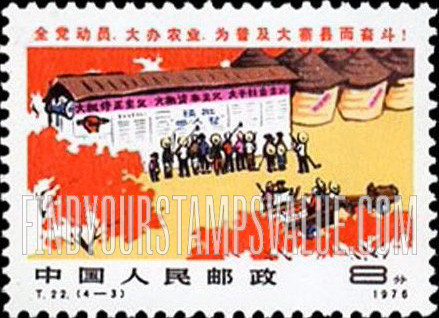 FindYourStampsValue: Building Tachai-type communities throughout China: Farmers reading wall newspaper - 普及大寨县: 农民阅读墙报纸