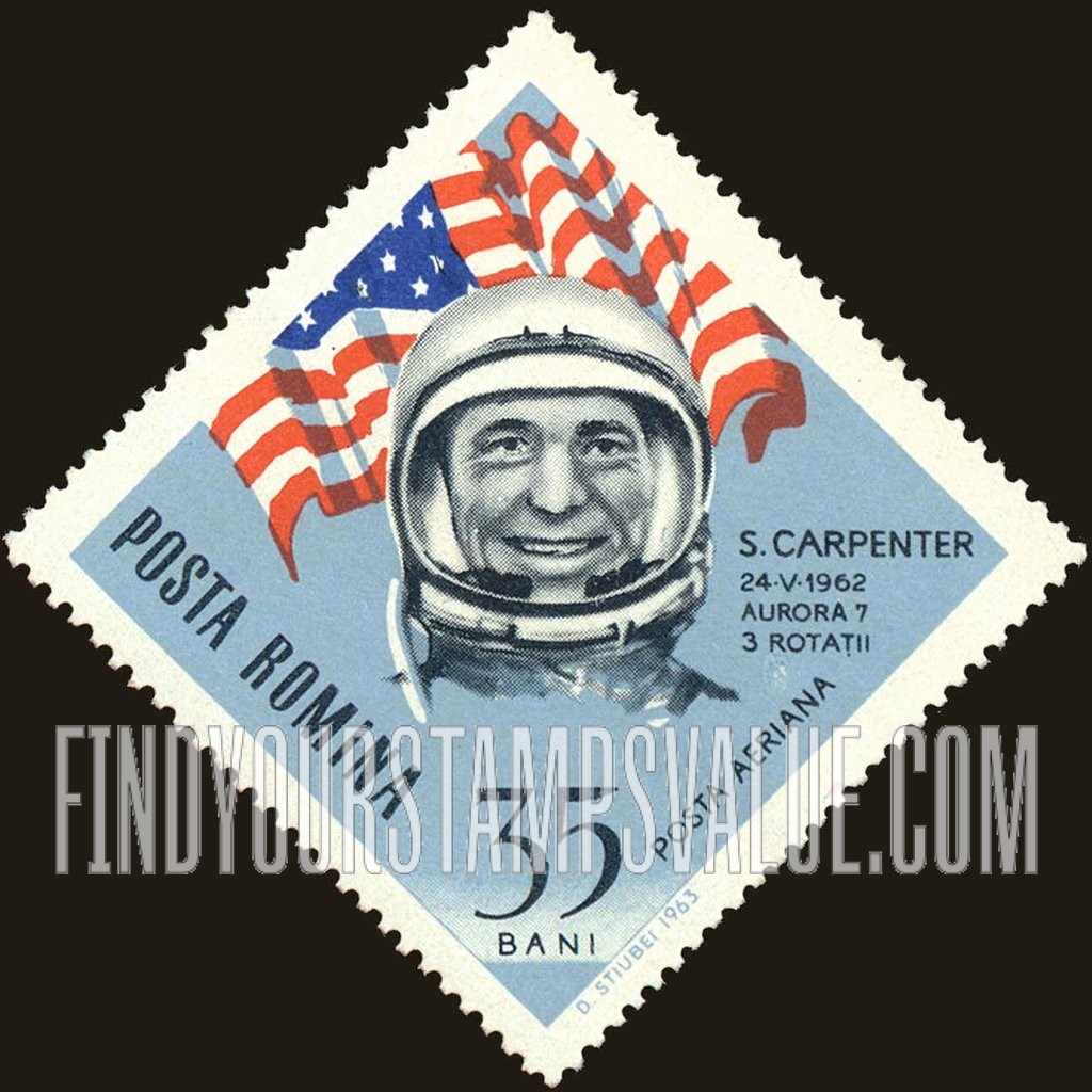 FindYourStampsValue: AIR POST STAMPS - Astronauts and flag: M. Scott Carpenter
