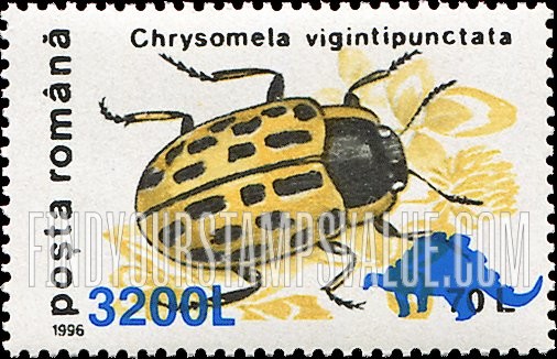 FindYourStampsValue: Insects - Chrysomela vigintipunctata: Surcharged in Blue