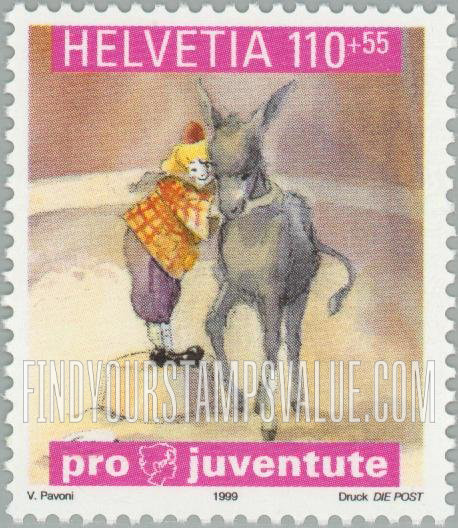 FindYourStampsValue: Semi-Postal, Nicolo the Clown From Children’s Book by Verena Pavoni: Nicolo and donkey
