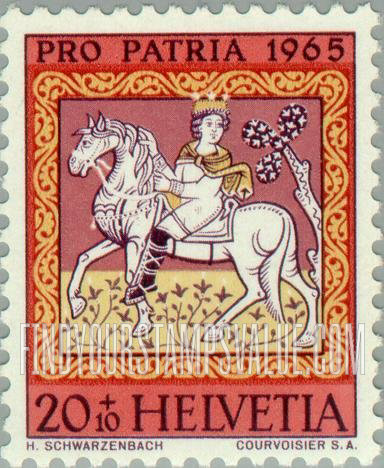 FindYourStampsValue: Semi-Postal, Ceiling Paintings from Church of St. Martin at Zillis, 12th century: Magi on horseback
